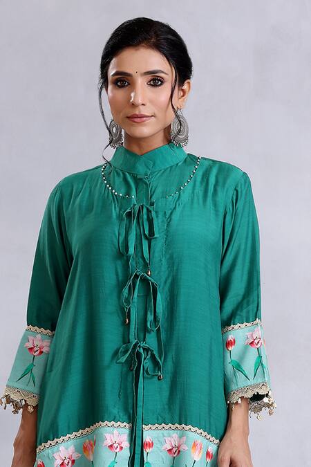 Radhika Jindal_Green Cotton, Silk Lace Bandeau Neck Floral Pattern Tie-up Jacket Pant Set_Online_at_Aza_Fashions