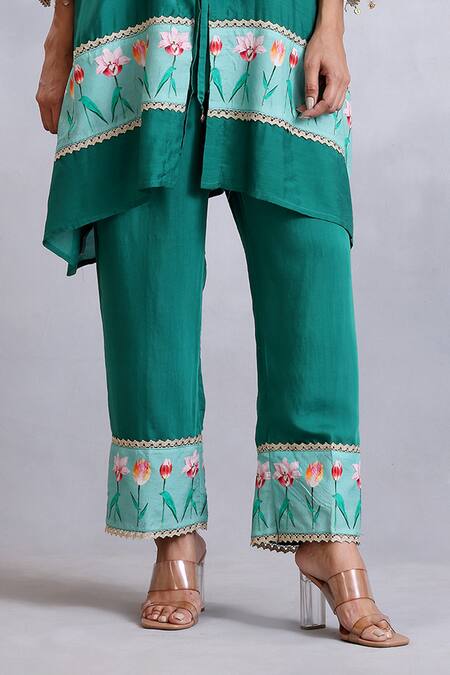 Buy_Radhika Jindal_Green Cotton, Silk Lace Bandeau Neck Floral Pattern Tie-up Jacket Pant Set_Online_at_Aza_Fashions