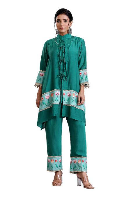 Shop_Radhika Jindal_Green Cotton, Silk Lace Bandeau Neck Floral Pattern Tie-up Jacket Pant Set_Online_at_Aza_Fashions
