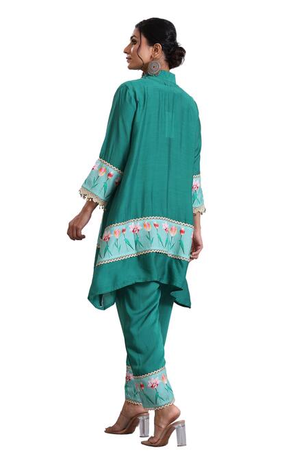 Radhika Jindal_Green Cotton, Silk Lace Bandeau Neck Floral Pattern Tie-up Jacket Pant Set_at_Aza_Fashions