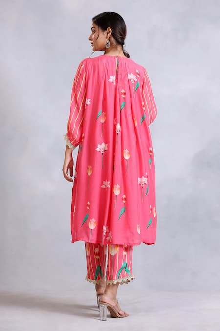 Shop Radhika Jindal Pink Cotton, Silk Lace Round Neck Floral Pattern Edged Kurta Pant Set at Aza Fashions Shop_Radhika Jindal_Pink Cotton, Silk Lace Round Neck Floral Pattern Edged Kurta Pant Set_at_Aza_Fashions