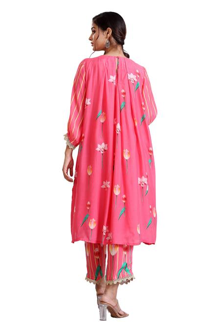 Buy Radhika Jindal Pink Cotton, Silk Lace Round Neck Floral Pattern Edged Kurta Pant Set Online at Aza Fashions Buy_Radhika Jindal_Pink Cotton, Silk Lace Round Neck Floral Pattern Edged Kurta Pant Set_Online_at_Aza_Fashions