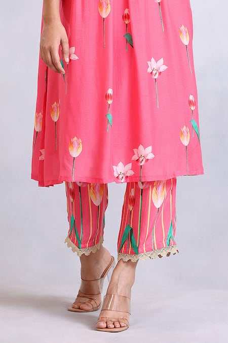 Shop Radhika Jindal Pink Cotton, Silk Lace Round Neck Floral Pattern Edged Kurta Pant Set Online at Aza Fashions Shop_Radhika Jindal_Pink Cotton, Silk Lace Round Neck Floral Pattern Edged Kurta Pant Set_Online_at_Aza_Fashions