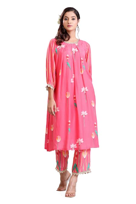 Buy Radhika Jindal Pink Cotton, Silk Lace Round Neck Floral Pattern Edged Kurta Pant Set Buy_Radhika Jindal_Pink Cotton, Silk Lace Round Neck Floral Pattern Edged Kurta Pant Set
