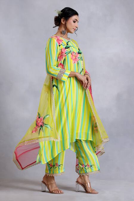 Radhika Jindal_Yellow Cotton, Silk, Chiffon Embroidery, Floral Stripe Pattern Kurta Pant Set_Online_at_Aza_Fashions