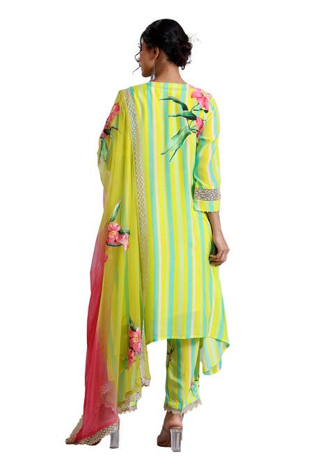 Buy_Radhika Jindal_Yellow Cotton, Silk, Chiffon Embroidery, Floral Stripe Pattern Kurta Pant Set_Online_at_Aza_Fashions