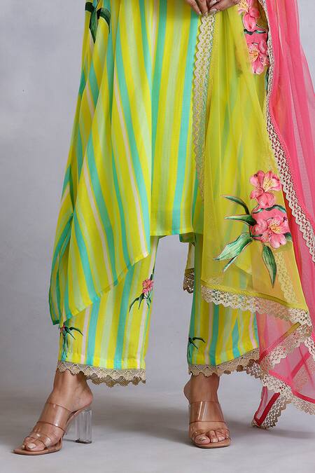 Shop_Radhika Jindal_Yellow Cotton, Silk, Chiffon Embroidery, Floral Stripe Pattern Kurta Pant Set_Online_at_Aza_Fashions
