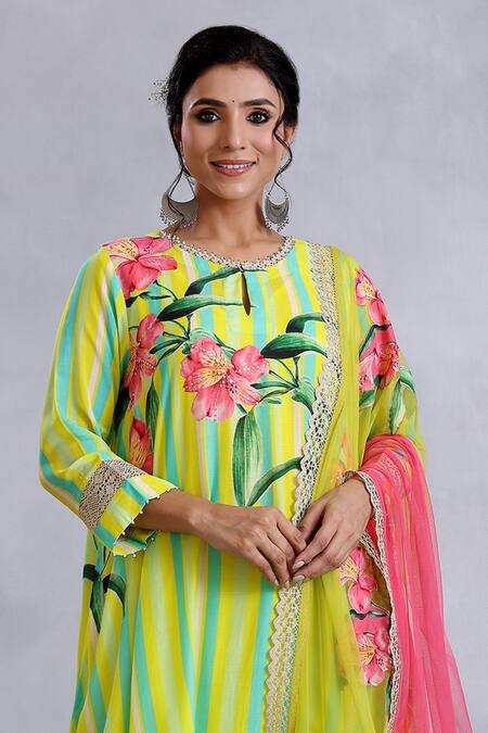 Radhika Jindal_Yellow Cotton, Silk, Chiffon Embroidery, Floral Stripe Pattern Kurta Pant Set_at_Aza_Fashions