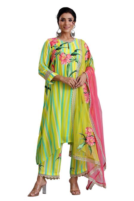 Buy_Radhika Jindal_Yellow Cotton, Silk, Chiffon Embroidery, Floral Stripe Pattern Kurta Pant Set