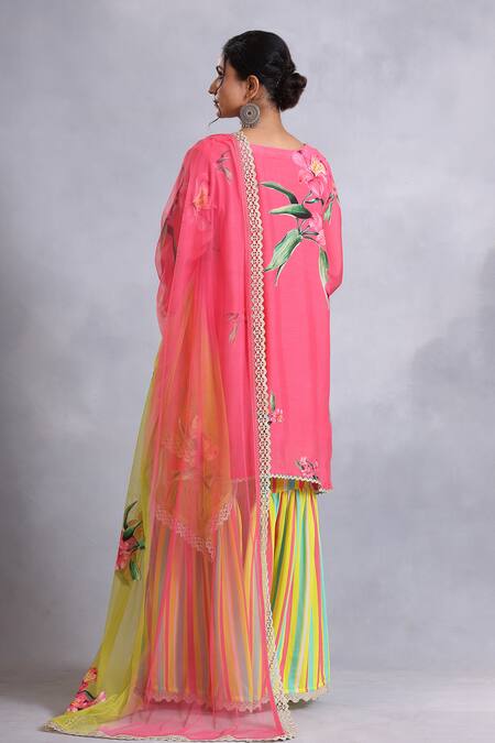 Shop Radhika Jindal Pink Cotton, Silk, Net Sequins, Lace V-neck Embroidered Kurta Set With Dupatta at Aza Fashions Shop_Radhika Jindal_Pink Cotton, Silk, Net Sequins, Lace V-neck Embroidered Kurta Set With Dupatta_at_Aza_Fashions