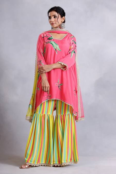Radhika Jindal_Pink Cotton, Silk, Net Sequins, Lace V-neck Embroidered Kurta Set With Dupatta_Online_at_Aza_Fashions