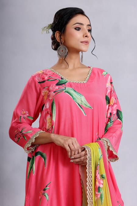 Shop_Radhika Jindal_Pink Cotton, Silk, Net Sequins, Lace V-neck Embroidered Kurta Set With Dupatta_Online_at_Aza_Fashions