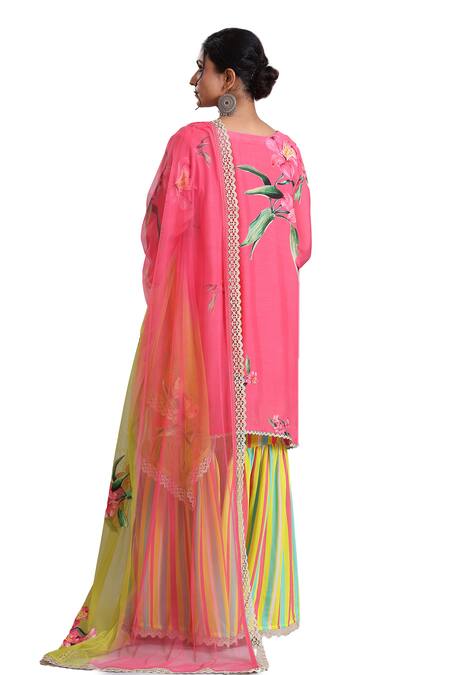 Radhika Jindal Pink Cotton, Silk, Net Sequins, Lace V-neck Embroidered Kurta Set With Dupatta at Aza Fashions Radhika Jindal_Pink Cotton, Silk, Net Sequins, Lace V-neck Embroidered Kurta Set With Dupatta_at_Aza_Fashions