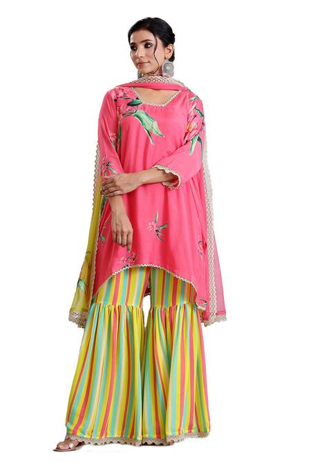 Buy Radhika Jindal Pink Cotton, Silk, Net Sequins, Lace V-neck Embroidered Kurta Set With Dupatta Buy_Radhika Jindal_Pink Cotton, Silk, Net Sequins, Lace V-neck Embroidered Kurta Set With Dupatta