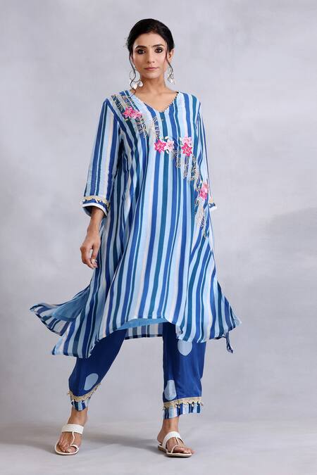 Radhika Jindal_Blue Cotton, Silk Embroidery, Lace, Sequins Asymmetric Floral Kurta Pant Set_Online_at_Aza_Fashions