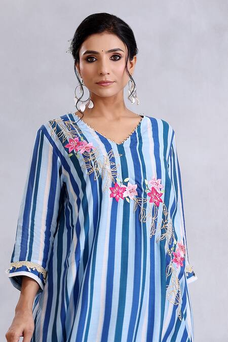 Buy Radhika Jindal Blue Cotton, Silk Embroidery, Lace, Sequins Asymmetric Floral Kurta Pant Set Online at Aza Fashions Buy_Radhika Jindal_Blue Cotton, Silk Embroidery, Lace, Sequins Asymmetric Floral Kurta Pant Set_Online_at_Aza_Fashions