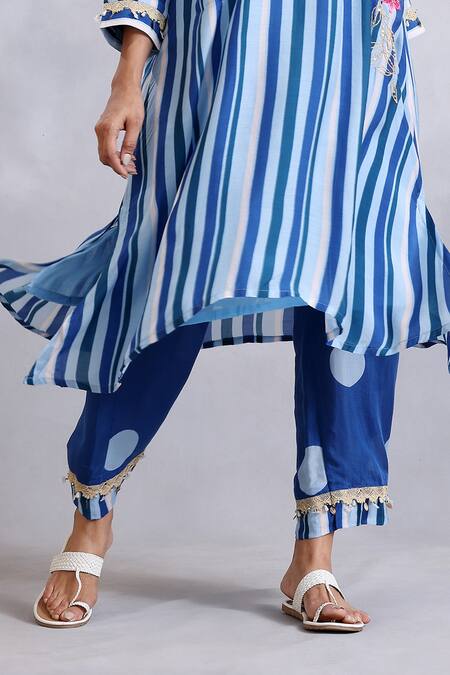 Shop Radhika Jindal Blue Cotton, Silk Embroidery, Lace, Sequins Asymmetric Floral Kurta Pant Set Online at Aza Fashions Shop_Radhika Jindal_Blue Cotton, Silk Embroidery, Lace, Sequins Asymmetric Floral Kurta Pant Set_Online_at_Aza_Fashions