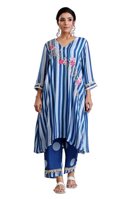 Radhika Jindal Blue Cotton, Silk Embroidery, Lace, Sequins Asymmetric Floral Kurta Pant Set at Aza Fashions Radhika Jindal_Blue Cotton, Silk Embroidery, Lace, Sequins Asymmetric Floral Kurta Pant Set_at_Aza_Fashions