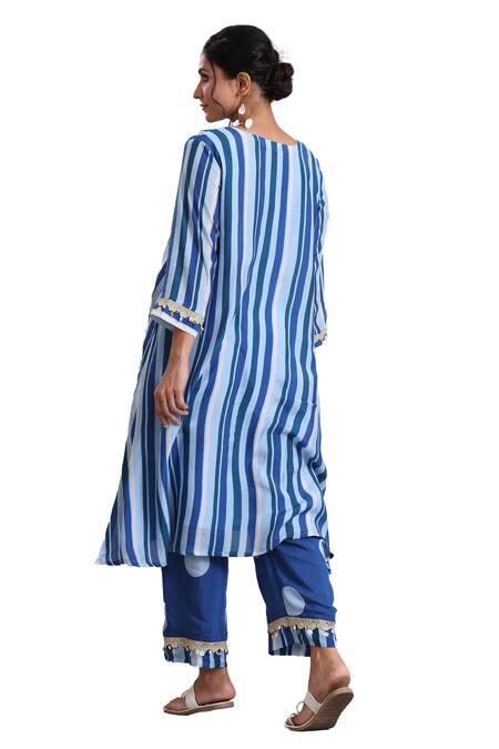 Buy Radhika Jindal Blue Cotton, Silk Embroidery, Lace, Sequins Asymmetric Floral Kurta Pant Set Buy_Radhika Jindal_Blue Cotton, Silk Embroidery, Lace, Sequins Asymmetric Floral Kurta Pant Set