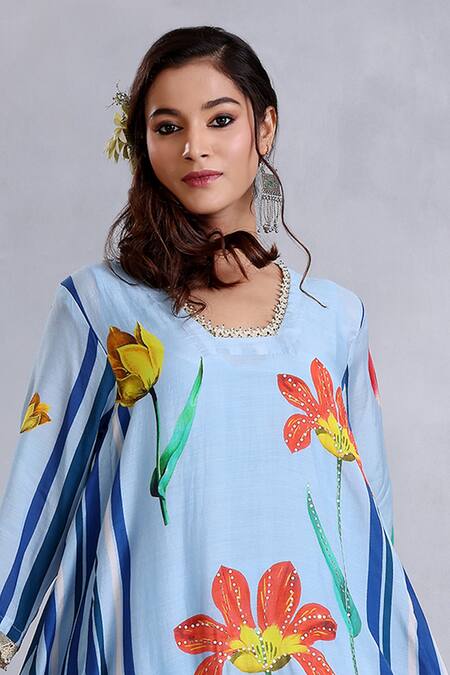Buy Radhika Jindal Blue Cotton, Silk Sequins Split V-neck Princess Cut Asymmetric Kurta Pant Set Online at Aza Fashions Buy_Radhika Jindal_Blue Cotton, Silk Sequins Split V-neck Princess Cut Asymmetric Kurta Pant Set_Online_at_Aza_Fashions