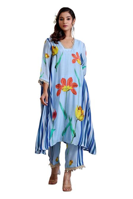 Shop Radhika Jindal Blue Cotton, Silk Sequins Split V-neck Princess Cut Asymmetric Kurta Pant Set Online at Aza Fashions Shop_Radhika Jindal_Blue Cotton, Silk Sequins Split V-neck Princess Cut Asymmetric Kurta Pant Set_Online_at_Aza_Fashions