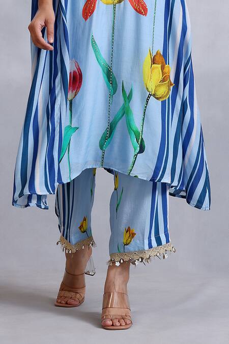 Radhika Jindal Blue Cotton, Silk Sequins Split V-neck Princess Cut Asymmetric Kurta Pant Set at Aza Fashions Radhika Jindal_Blue Cotton, Silk Sequins Split V-neck Princess Cut Asymmetric Kurta Pant Set_at_Aza_Fashions