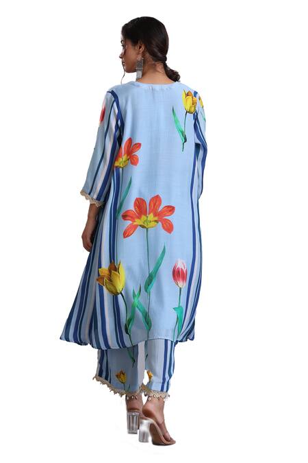 Buy Radhika Jindal Blue Cotton, Silk Sequins Split V-neck Princess Cut Asymmetric Kurta Pant Set Buy_Radhika Jindal_Blue Cotton, Silk Sequins Split V-neck Princess Cut Asymmetric Kurta Pant Set