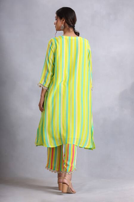 Shop Radhika Jindal Yellow Cotton, Silk Embroidery, Lace V-neck Princess Cut Kurta Pant Set at Aza Fashions Shop_Radhika Jindal_Yellow Cotton, Silk Embroidery, Lace V-neck Princess Cut Kurta Pant Set_at_Aza_Fashions