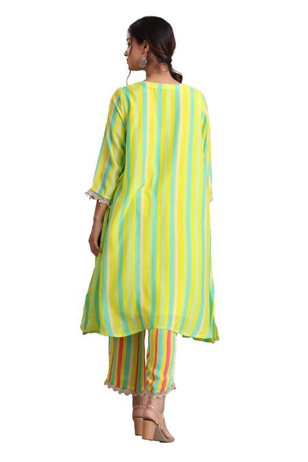 Buy Radhika Jindal Yellow Cotton, Silk Embroidery, Lace V-neck Princess Cut Kurta Pant Set Online at Aza Fashions Buy_Radhika Jindal_Yellow Cotton, Silk Embroidery, Lace V-neck Princess Cut Kurta Pant Set_Online_at_Aza_Fashions