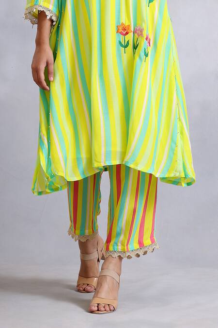 Shop Radhika Jindal Yellow Cotton, Silk Embroidery, Lace V-neck Princess Cut Kurta Pant Set Online at Aza Fashions Shop_Radhika Jindal_Yellow Cotton, Silk Embroidery, Lace V-neck Princess Cut Kurta Pant Set_Online_at_Aza_Fashions