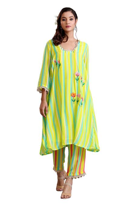 Radhika Jindal Yellow Cotton, Silk Embroidery, Lace V-neck Princess Cut Kurta Pant Set at Aza Fashions Radhika Jindal_Yellow Cotton, Silk Embroidery, Lace V-neck Princess Cut Kurta Pant Set_at_Aza_Fashions