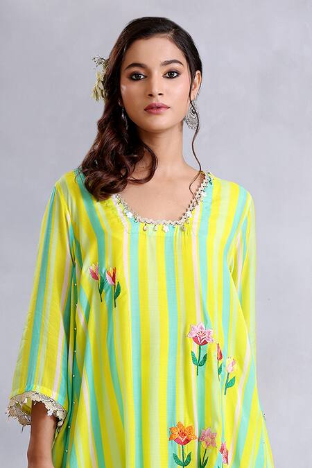 Buy Radhika Jindal Yellow Cotton, Silk Embroidery, Lace V-neck Princess Cut Kurta Pant Set Buy_Radhika Jindal_Yellow Cotton, Silk Embroidery, Lace V-neck Princess Cut Kurta Pant Set