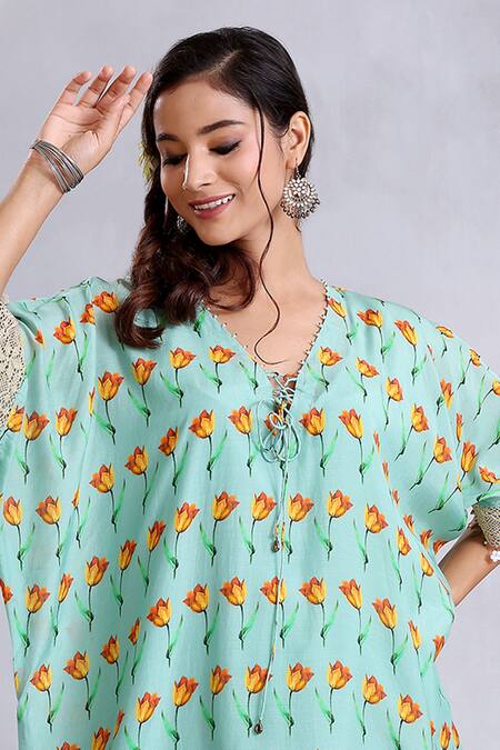 Shop Radhika Jindal Green Cotton, Silk Lace, Embroidery V-neck Anti-fit Kaftan Pant Set at Aza Fashions Shop_Radhika Jindal_Green Cotton, Silk Lace, Embroidery V-neck Anti-fit Kaftan Pant Set_at_Aza_Fashions