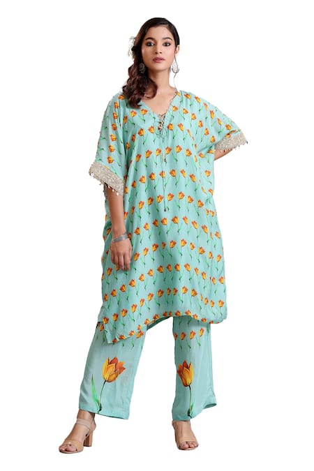 Buy Radhika Jindal Green Cotton, Silk Lace, Embroidery V-neck Anti-fit Kaftan Pant Set Online at Aza Fashions Buy_Radhika Jindal_Green Cotton, Silk Lace, Embroidery V-neck Anti-fit Kaftan Pant Set_Online_at_Aza_Fashions
