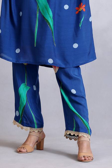 Buy_Radhika Jindal_Blue Cotton, Silk Lace V-neck Embroidered Anti-fit Kurta Set_Online_at_Aza_Fashions