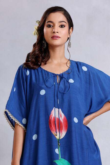 Shop_Radhika Jindal_Blue Cotton, Silk Lace V-neck Embroidered Anti-fit Kurta Set_Online_at_Aza_Fashions