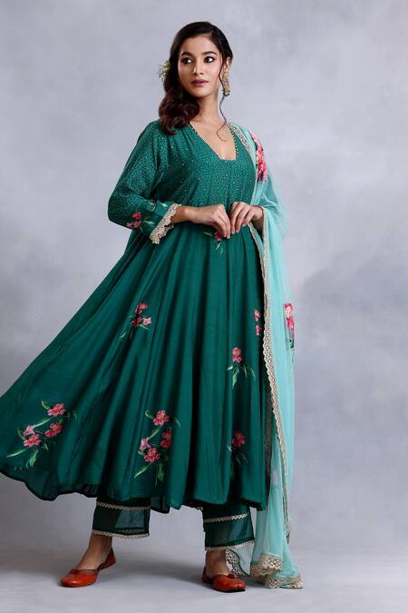 Radhika Jindal_Green Cotton, Silk, Chiffon Lace, Floral Pattern Embroidered Anarkali Pant Set_Online_at_Aza_Fashions