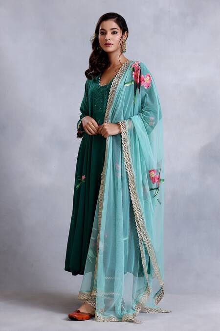 Buy_Radhika Jindal_Green Cotton, Silk, Chiffon Lace, Floral Pattern Embroidered Anarkali Pant Set_Online_at_Aza_Fashions