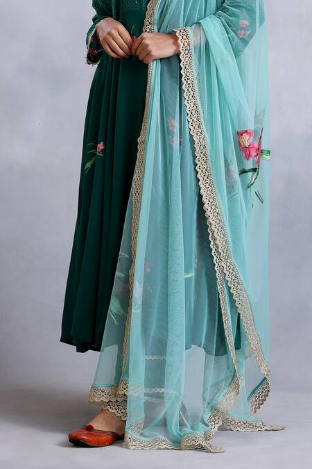 Shop Radhika Jindal Green Cotton, Silk, Chiffon Lace, Floral Pattern Embroidered Anarkali Pant Set Online at Aza Fashions Shop_Radhika Jindal_Green Cotton, Silk, Chiffon Lace, Floral Pattern Embroidered Anarkali Pant Set_Online_at_Aza_Fashions
