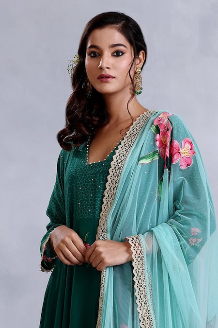 Radhika Jindal Green Cotton, Silk, Chiffon Lace, Floral Pattern Embroidered Anarkali Pant Set at Aza Fashions Radhika Jindal_Green Cotton, Silk, Chiffon Lace, Floral Pattern Embroidered Anarkali Pant Set_at_Aza_Fashions