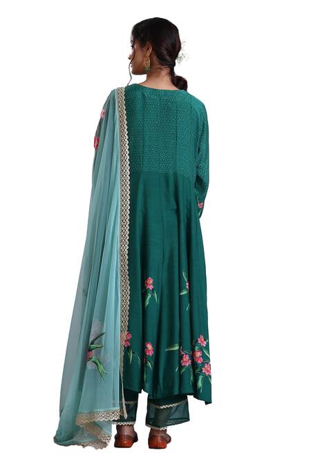 Buy Radhika Jindal Green Cotton, Silk, Chiffon Lace, Floral Pattern Embroidered Anarkali Pant Set Buy_Radhika Jindal_Green Cotton, Silk, Chiffon Lace, Floral Pattern Embroidered Anarkali Pant Set