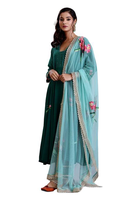 Shop Radhika Jindal Green Cotton, Silk, Chiffon Lace, Floral Pattern Embroidered Anarkali Pant Set Shop_Radhika Jindal_Green Cotton, Silk, Chiffon Lace, Floral Pattern Embroidered Anarkali Pant Set