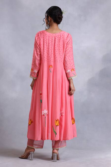 Shop Radhika Jindal Peach Cotton, Silk, Chiffon Lace, Floral Pattern Embroidered Anarkali Pant Set at Aza Fashions Shop_Radhika Jindal_Peach Cotton, Silk, Chiffon Lace, Floral Pattern Embroidered Anarkali Pant Set_at_Aza_Fashions