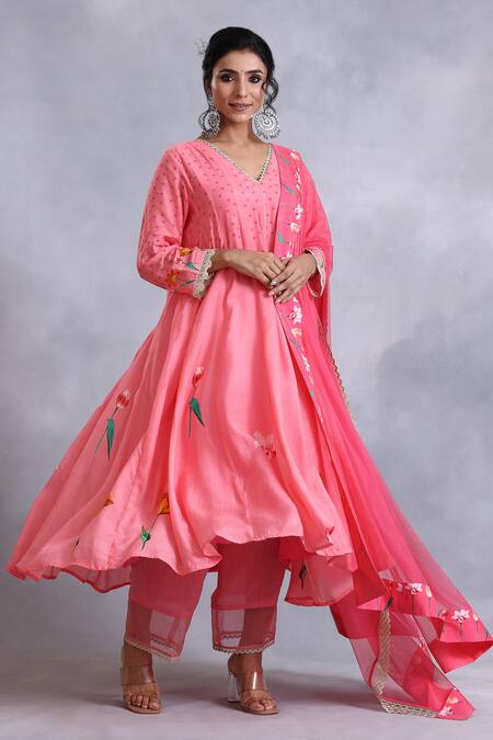 Radhika Jindal_Peach Cotton, Silk, Chiffon Lace, Floral Pattern Embroidered Anarkali Pant Set_Online_at_Aza_Fashions