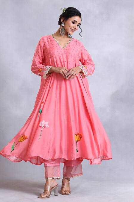 Shop_Radhika Jindal_Peach Cotton, Silk, Chiffon Lace, Floral Pattern Embroidered Anarkali Pant Set_Online_at_Aza_Fashions