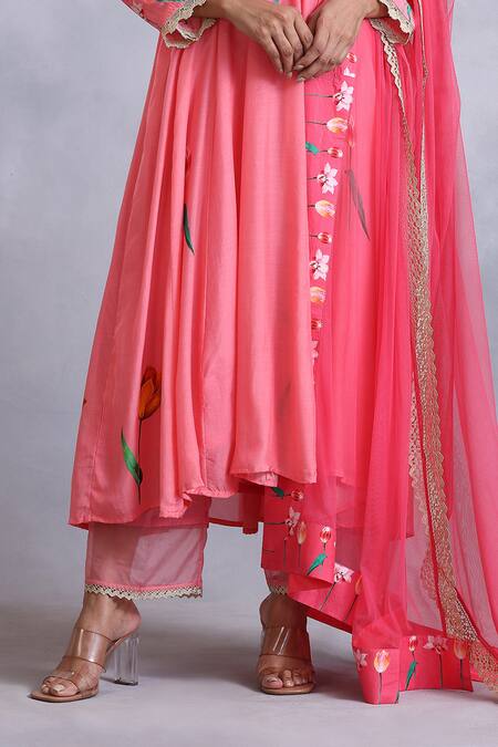 Radhika Jindal Peach Cotton, Silk, Chiffon Lace, Floral Pattern Embroidered Anarkali Pant Set at Aza Fashions Radhika Jindal_Peach Cotton, Silk, Chiffon Lace, Floral Pattern Embroidered Anarkali Pant Set_at_Aza_Fashions