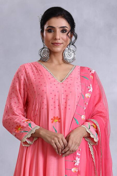 Buy Radhika Jindal Peach Cotton, Silk, Chiffon Lace, Floral Pattern Embroidered Anarkali Pant Set Buy_Radhika Jindal_Peach Cotton, Silk, Chiffon Lace, Floral Pattern Embroidered Anarkali Pant Set