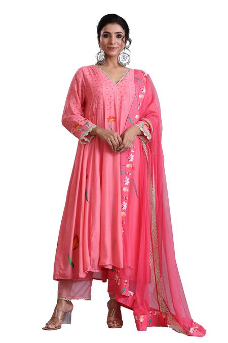 Shop Radhika Jindal Peach Cotton, Silk, Chiffon Lace, Floral Pattern Embroidered Anarkali Pant Set Shop_Radhika Jindal_Peach Cotton, Silk, Chiffon Lace, Floral Pattern Embroidered Anarkali Pant Set