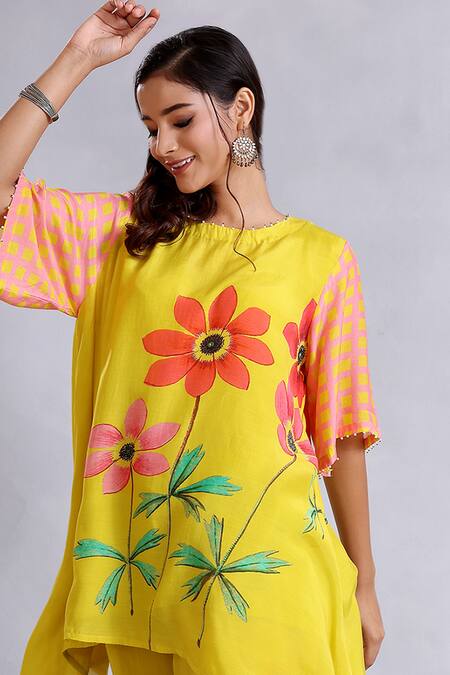 Buy Radhika Jindal Yellow Cotton, Silk Embroidery Round Floral Pattern Asymmetric Kurta Pant Set Online at Aza Fashions Buy_Radhika Jindal_Yellow Cotton, Silk Embroidery Round Floral Pattern Asymmetric Kurta Pant Set_Online_at_Aza_Fashions