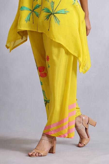 Shop Radhika Jindal Yellow Cotton, Silk Embroidery Round Floral Pattern Asymmetric Kurta Pant Set Online at Aza Fashions Shop_Radhika Jindal_Yellow Cotton, Silk Embroidery Round Floral Pattern Asymmetric Kurta Pant Set_Online_at_Aza_Fashions